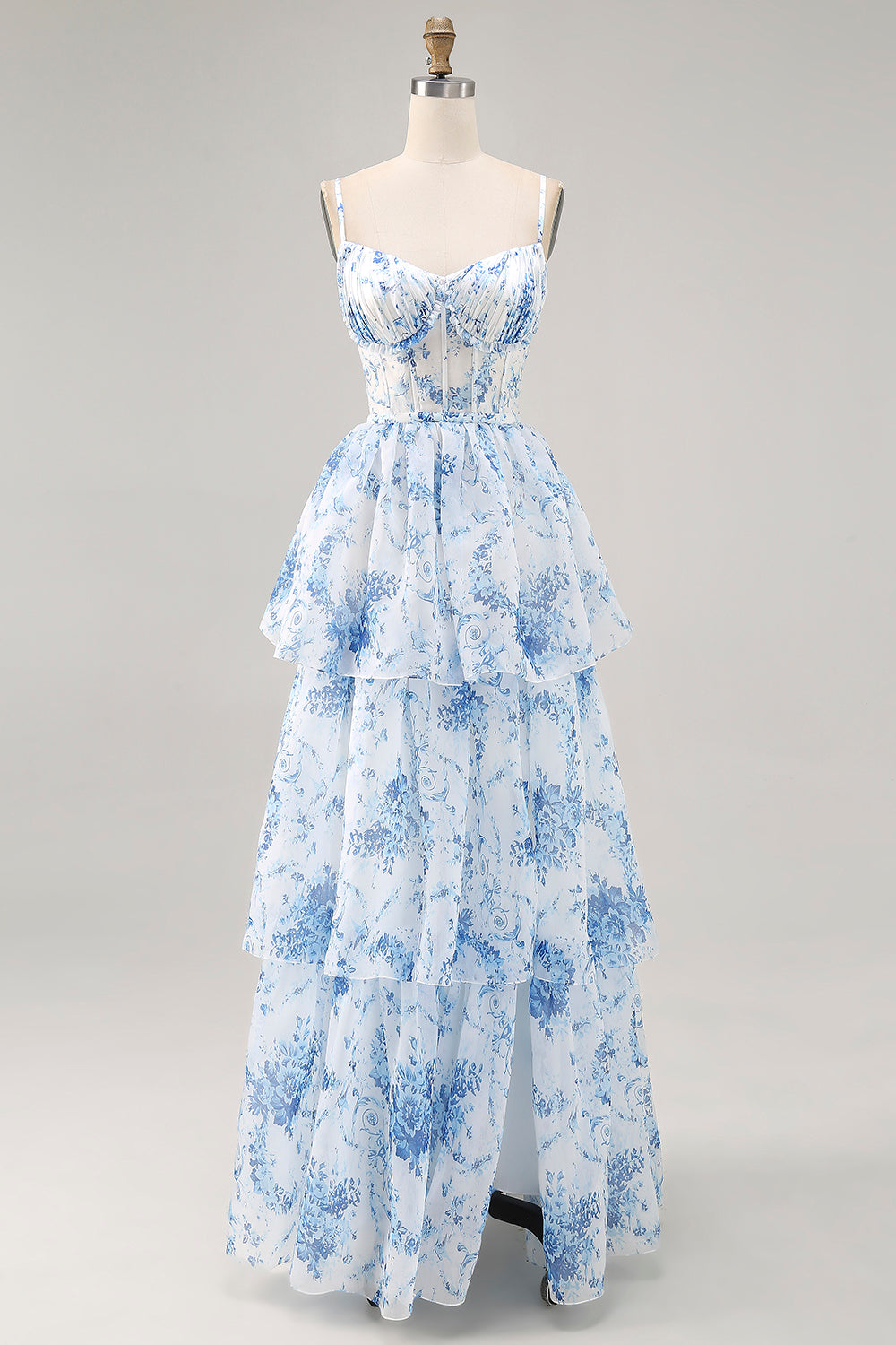 Leely Women White Blue Floral Corset Maxi Wedding Guest Dress with Slit Ruffled Tiered A Line Spaghetti Straps Lace Up Back Bridesmaid Dress