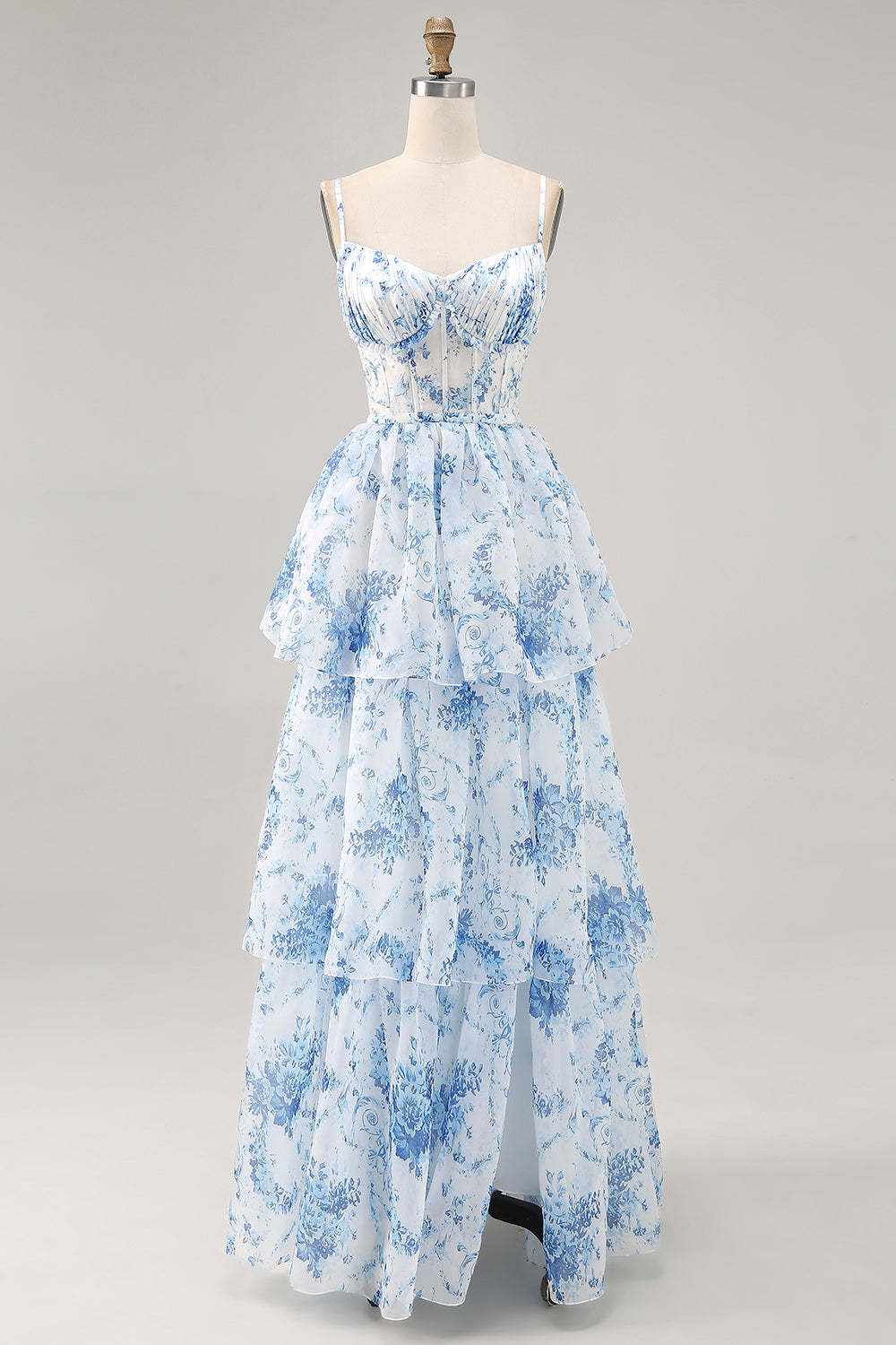 Leely Women White Blue Floral Corset Maxi Wedding Guest Dress with Slit Ruffled Tiered A Line Spaghetti Straps Lace Up Back Bridesmaid Dress