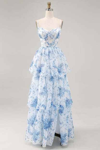 Leely Women White Blue Floral Corset Maxi Wedding Guest Dress with Slit Ruffled Tiered A Line Spaghetti Straps Lace Up Back Bridesmaid Dress