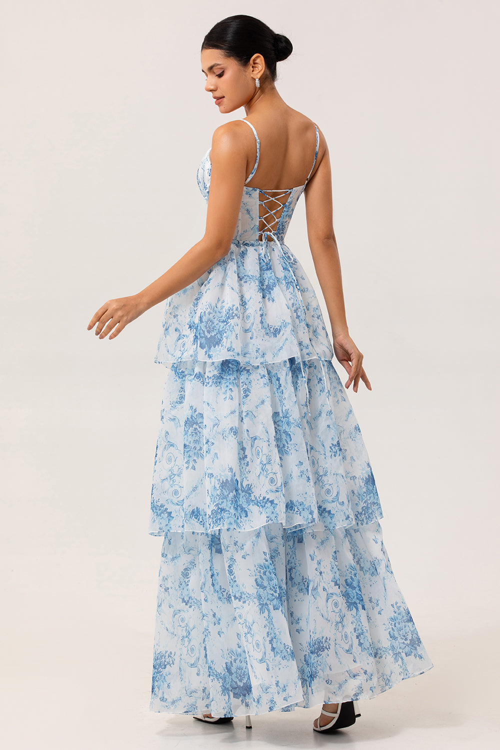 White and Blue Tiered Corset Floral Long Wedding Guest Dress with Slit