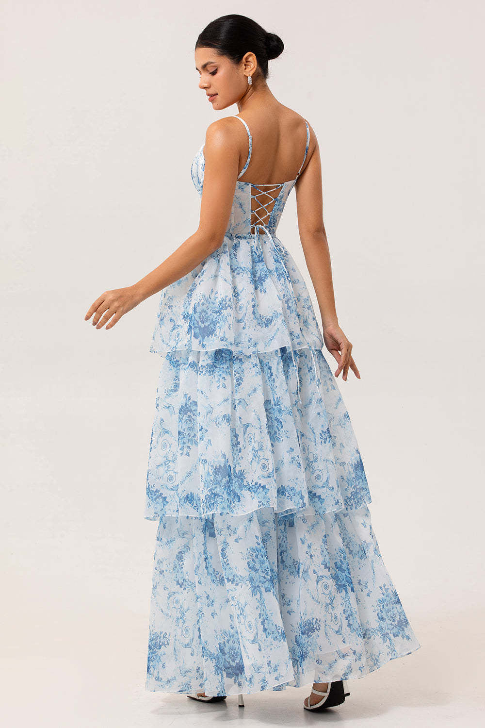White and Blue Tiered Corset Floral Long Wedding Guest Dress with Slit