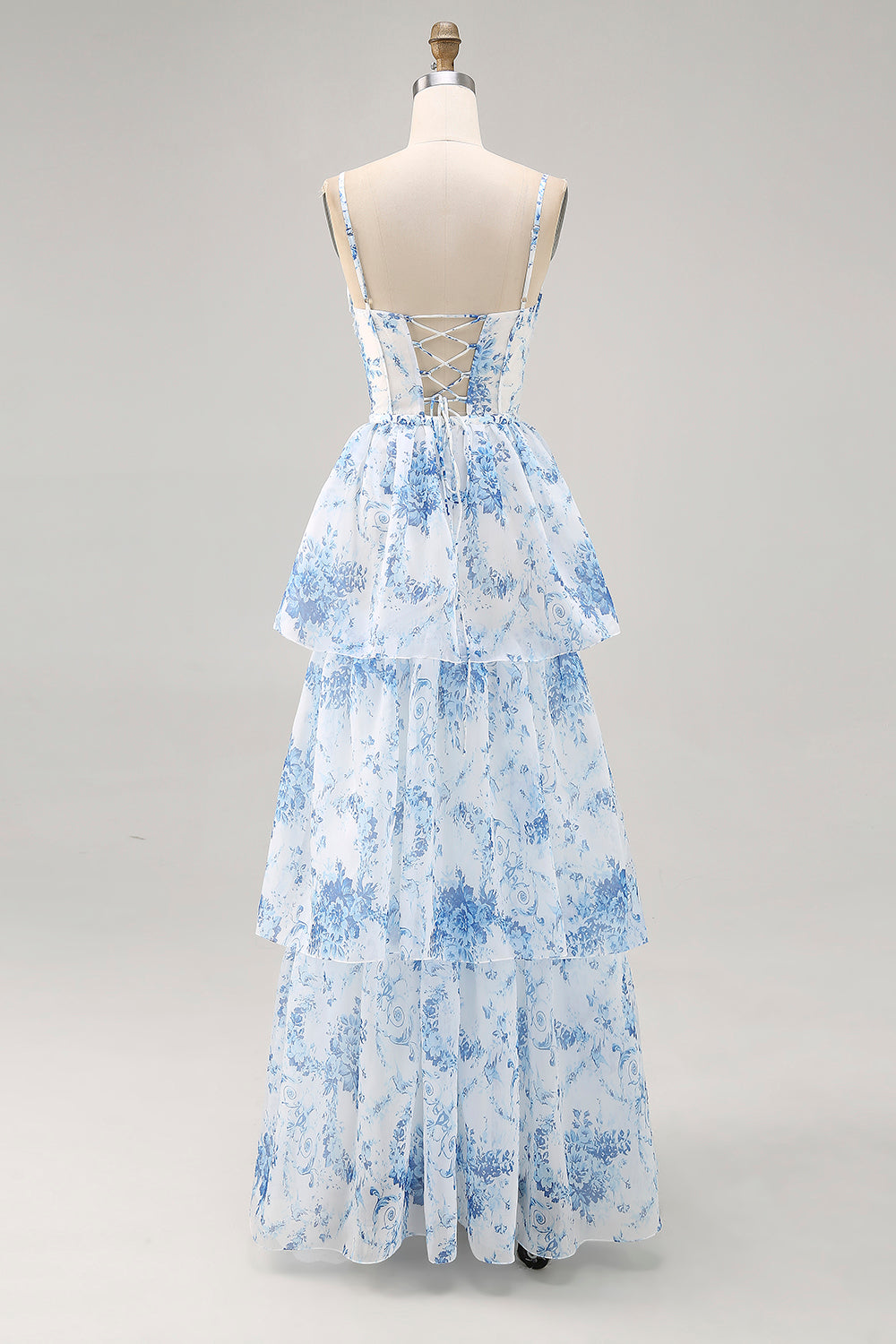White Blue Floral Corset Ruffled Maxi Tiered Wedding Guest Dress with Slit