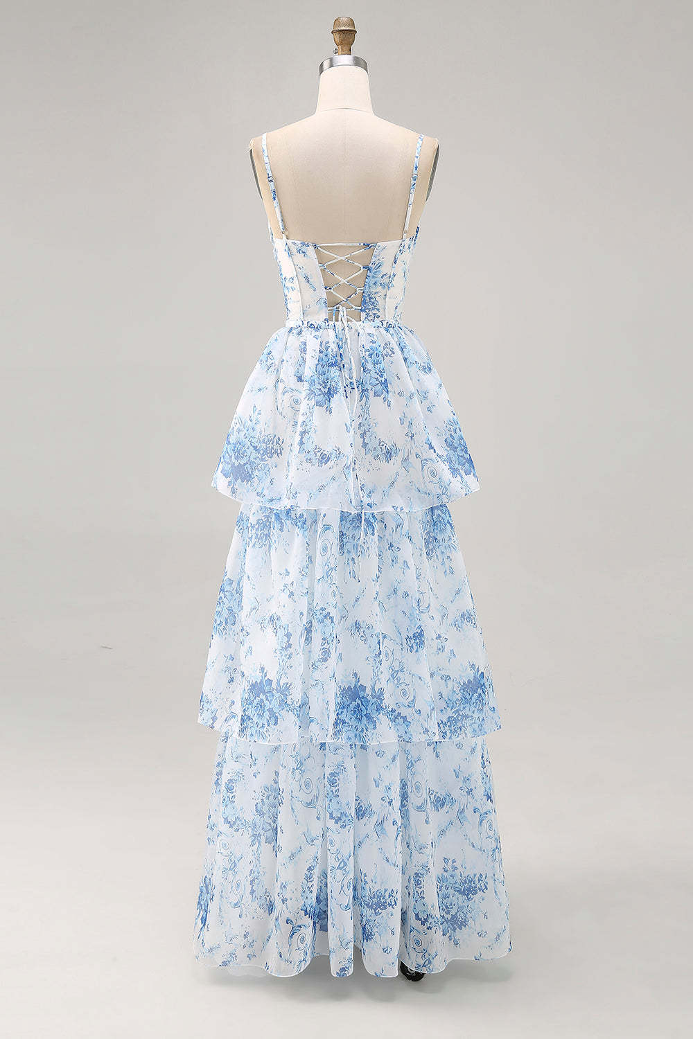 White Blue Floral Corset Ruffled Maxi Tiered Wedding Guest Dress with Slit
