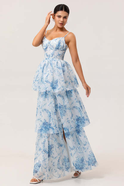 White and Blue Tiered Corset Floral Long Wedding Guest Dress with Slit