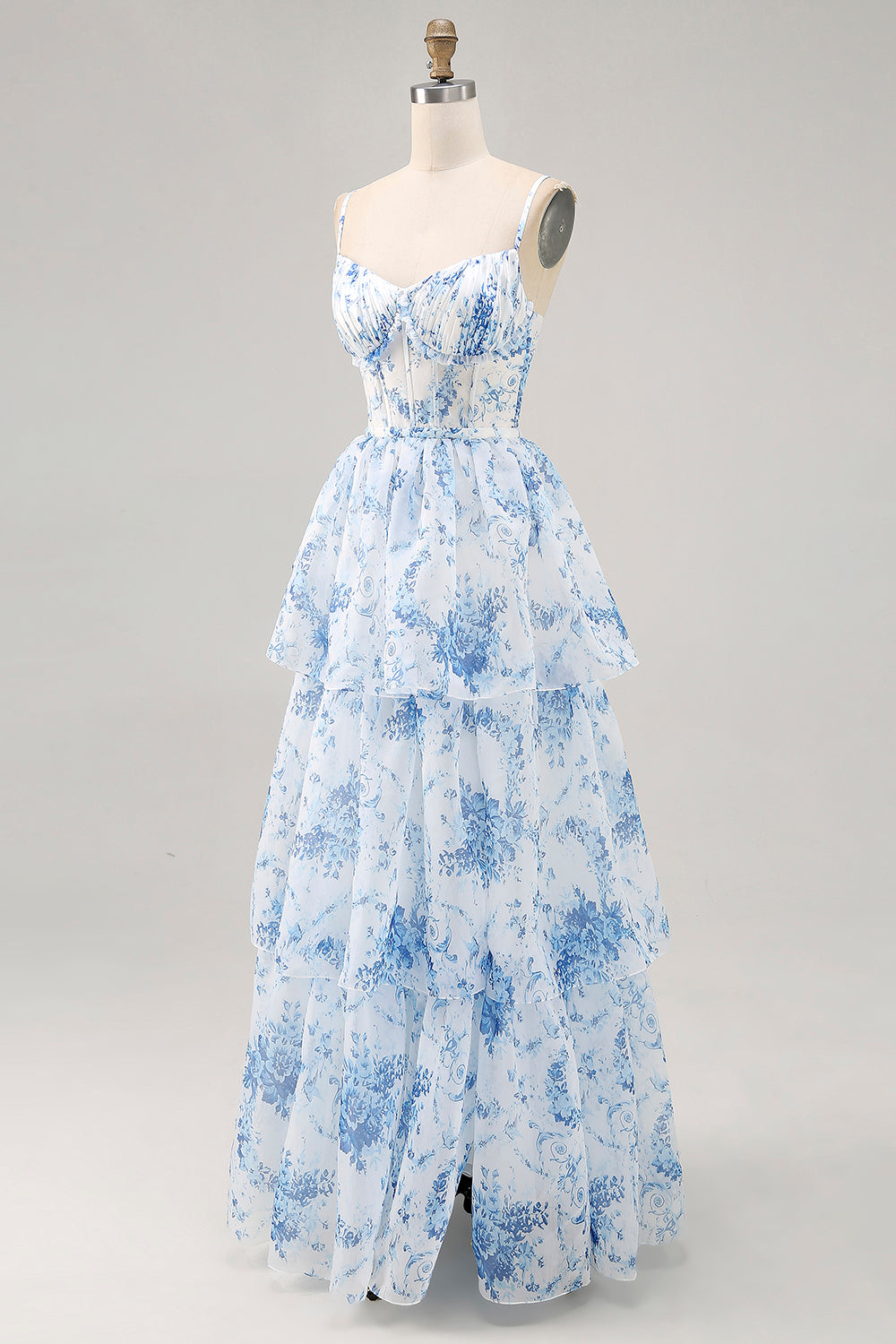 White Blue Floral Corset Ruffled Maxi Tiered Wedding Guest Dress with Slit