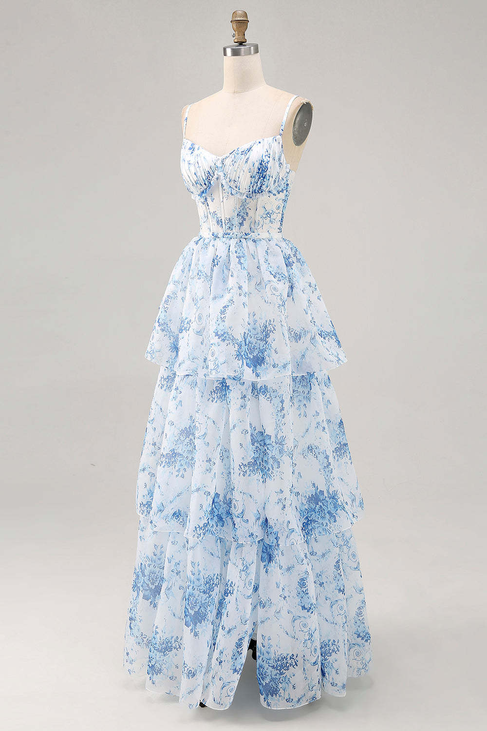 White Blue Floral Corset Ruffled Maxi Tiered Wedding Guest Dress with Slit