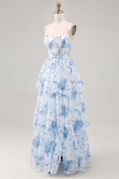 White Blue Floral Corset Ruffled Maxi Tiered Wedding Guest Dress with Slit