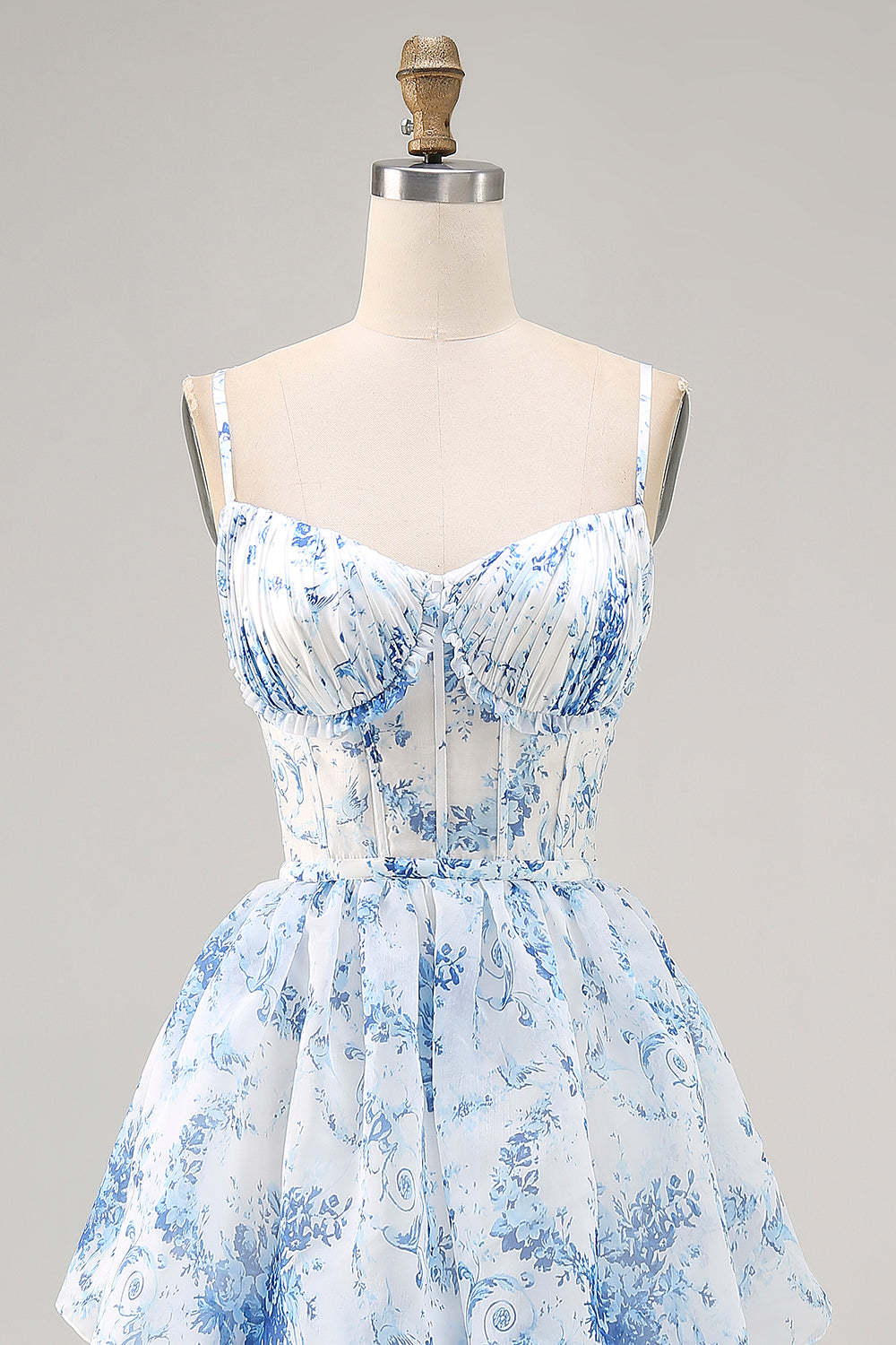 White Blue Floral Corset Ruffled Maxi Tiered Wedding Guest Dress with Slit