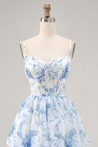 White Blue Floral Corset Ruffled Maxi Tiered Wedding Guest Dress with Slit