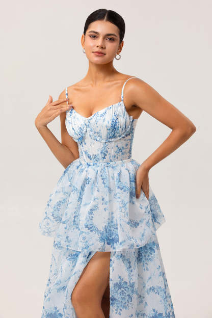 White and Blue Tiered Corset Floral Long Wedding Guest Dress with Slit