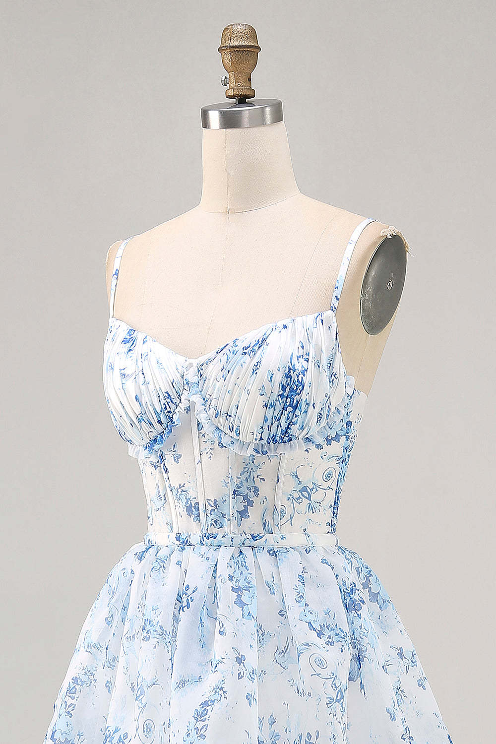 White Blue Floral Corset Ruffled Maxi Tiered Wedding Guest Dress with Slit