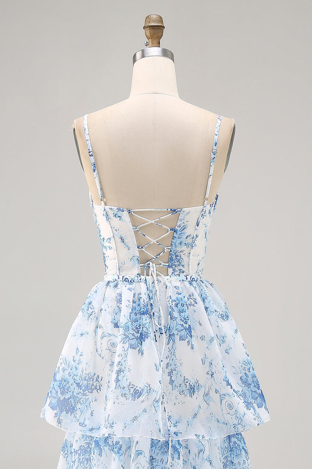 White Blue Floral Corset Ruffled Maxi Tiered Wedding Guest Dress with Slit