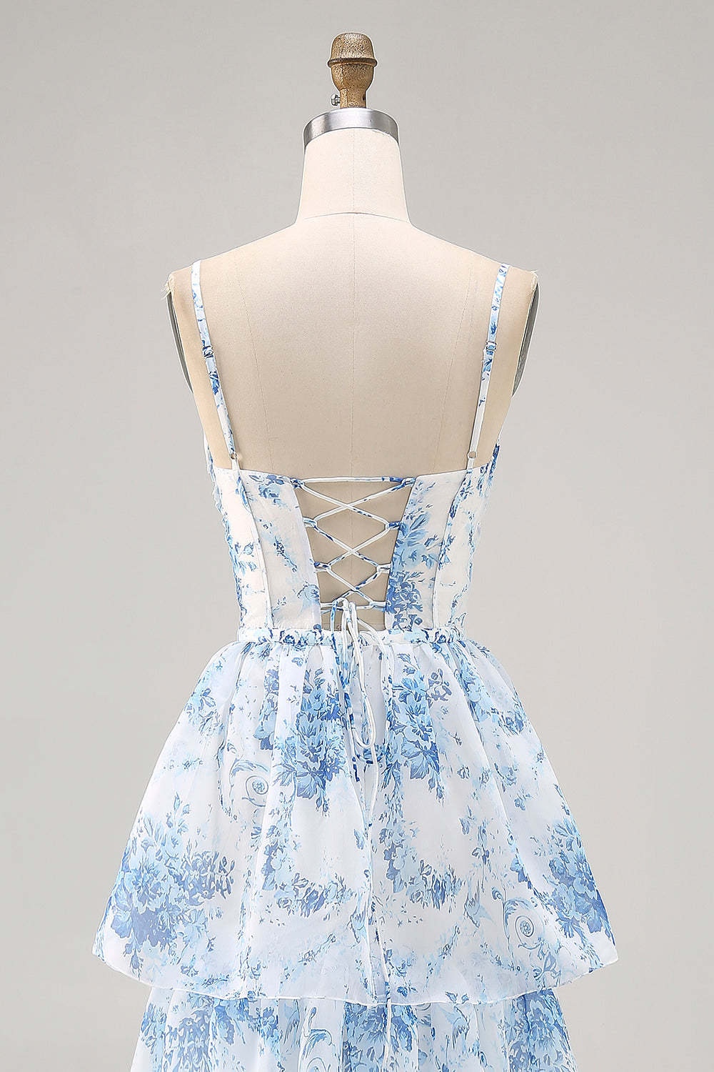 White Blue Floral Corset Ruffled Maxi Tiered Wedding Guest Dress with Slit