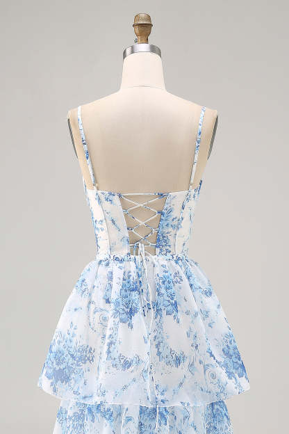 White Blue Floral Corset Ruffled Maxi Tiered Wedding Guest Dress with Slit