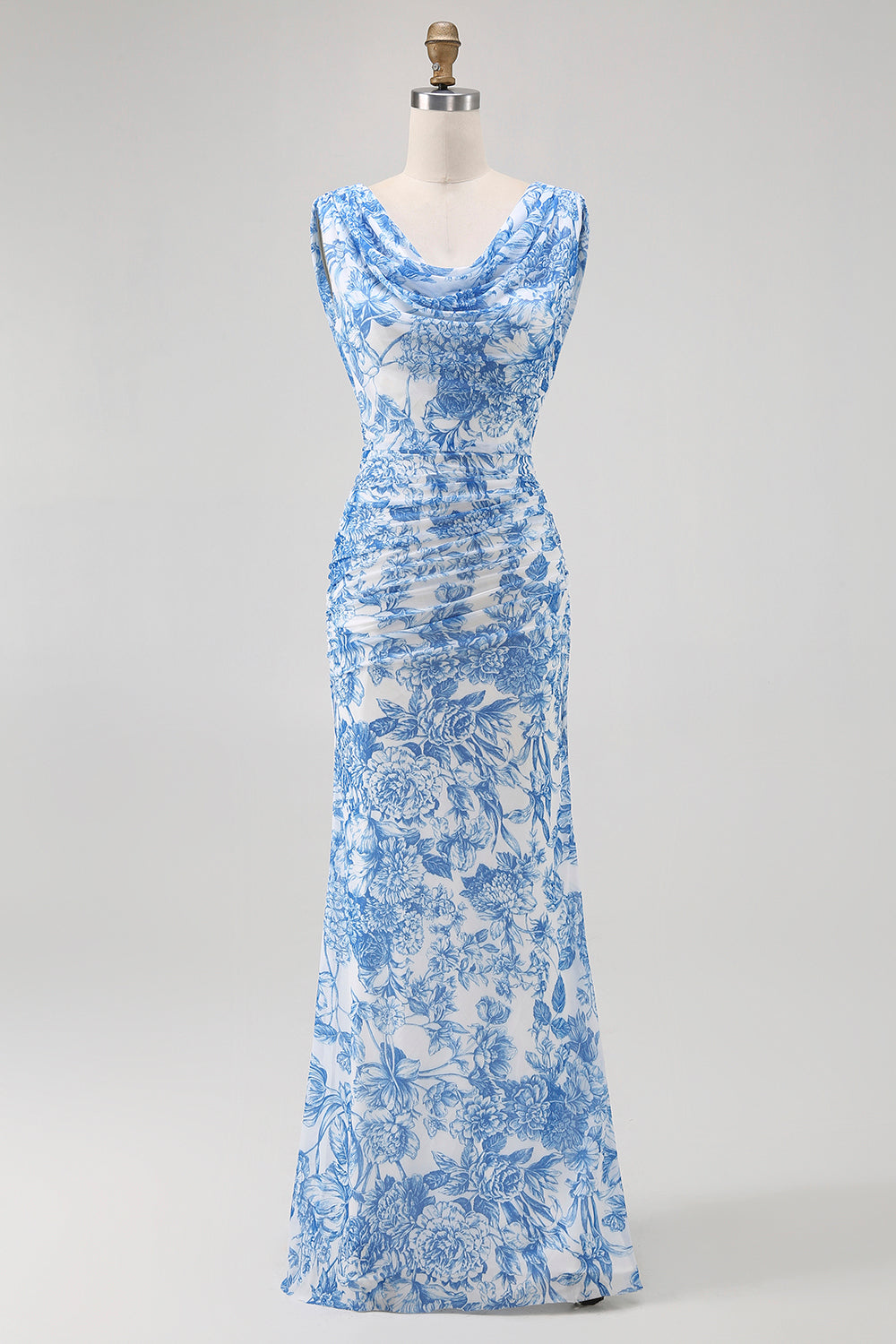 Blue Mermaid Cowl Neck Floral Long Bridesmaid Dress with Slit