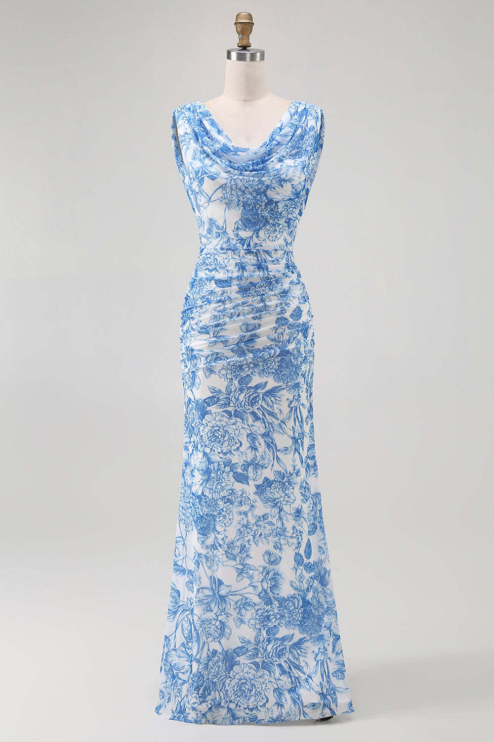 Leely Women Blue Mermaid Long Bridesmaid Dress with Slit Floral Cowl Neck Backless Wedding Guest Dress