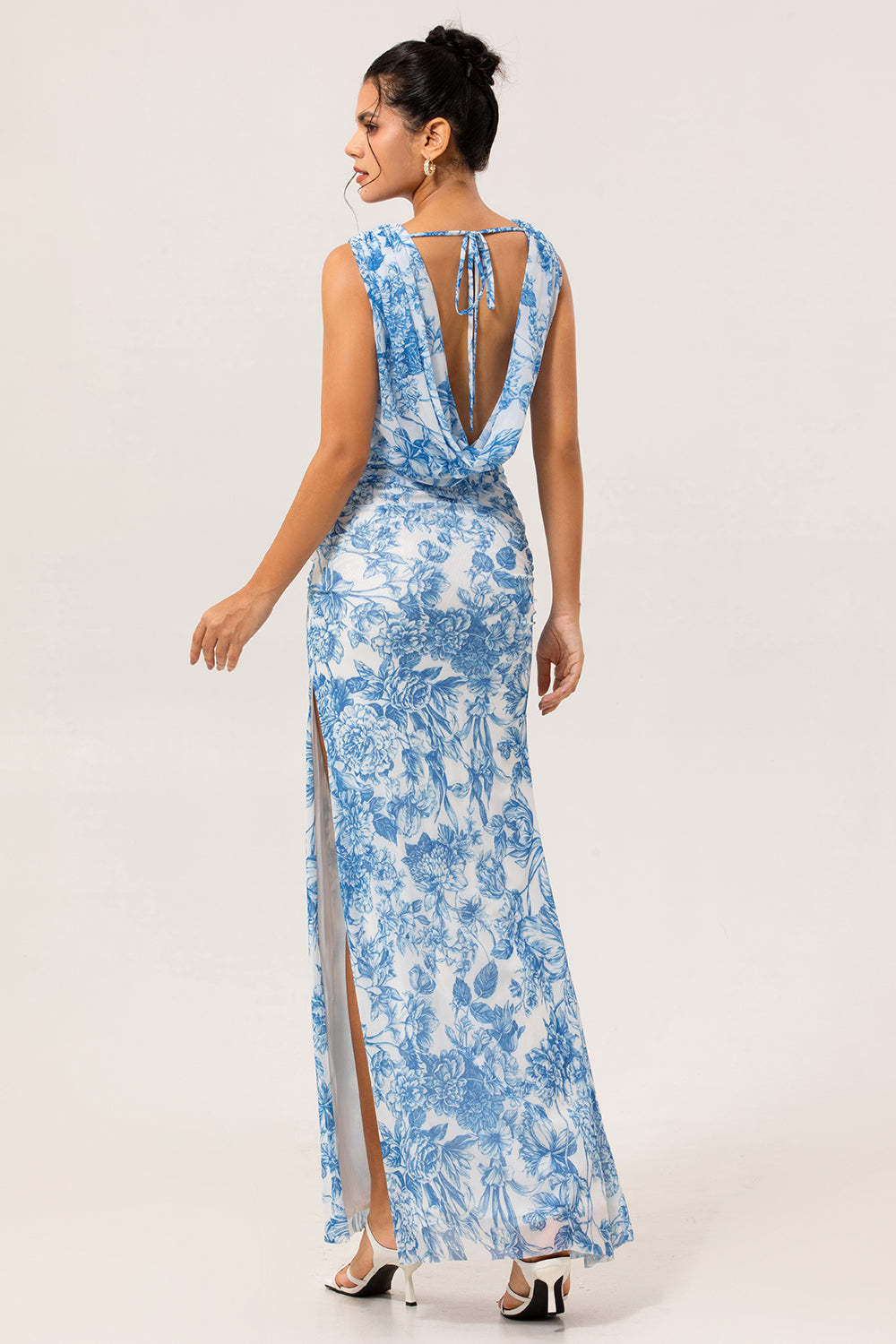 Blue Mermaid Floral Cowl Neck Long Bridesmaid Dress with Slit