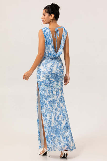 Blue Mermaid Floral Cowl Neck Long Bridesmaid Dress with Slit