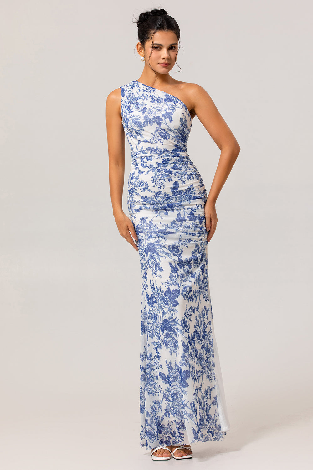 White Blue Floral Mermaid One Shoulder Maxi Bridesmaid Dress with Slit