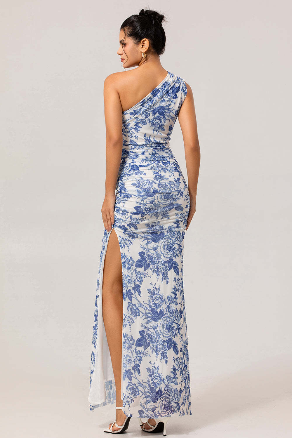 White Blue Floral Mermaid One Shoulder Maxi Bridesmaid Dress with Slit