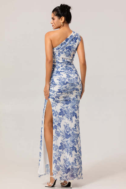 White Blue Floral Mermaid One Shoulder Maxi Bridesmaid Dress with Slit