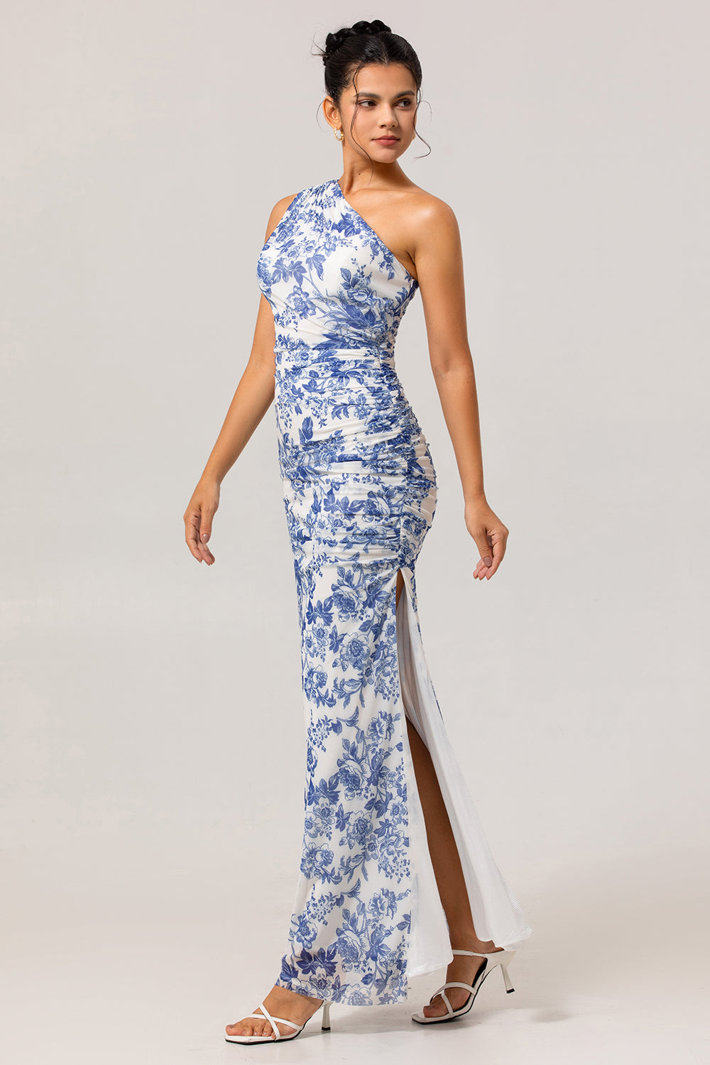 White Blue Floral Mermaid One Shoulder Maxi Bridesmaid Dress with Slit
