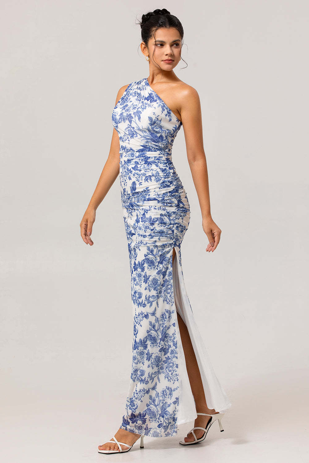White Blue Floral Mermaid One Shoulder Maxi Bridesmaid Dress with Slit