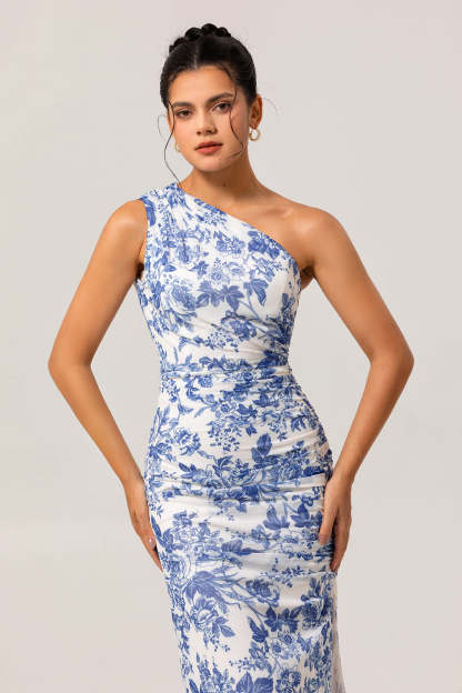 White Blue Floral Mermaid One Shoulder Maxi Bridesmaid Dress with Slit