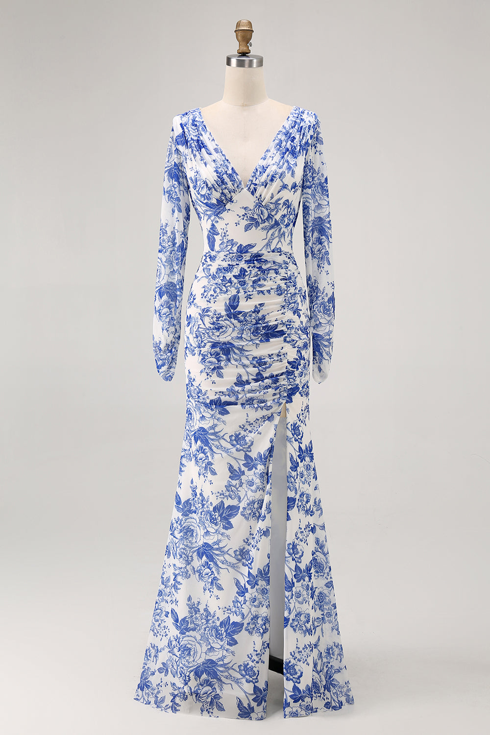 Blue Mermaid V-Neck Floral Long Wedding Guest Dress with Sleeves