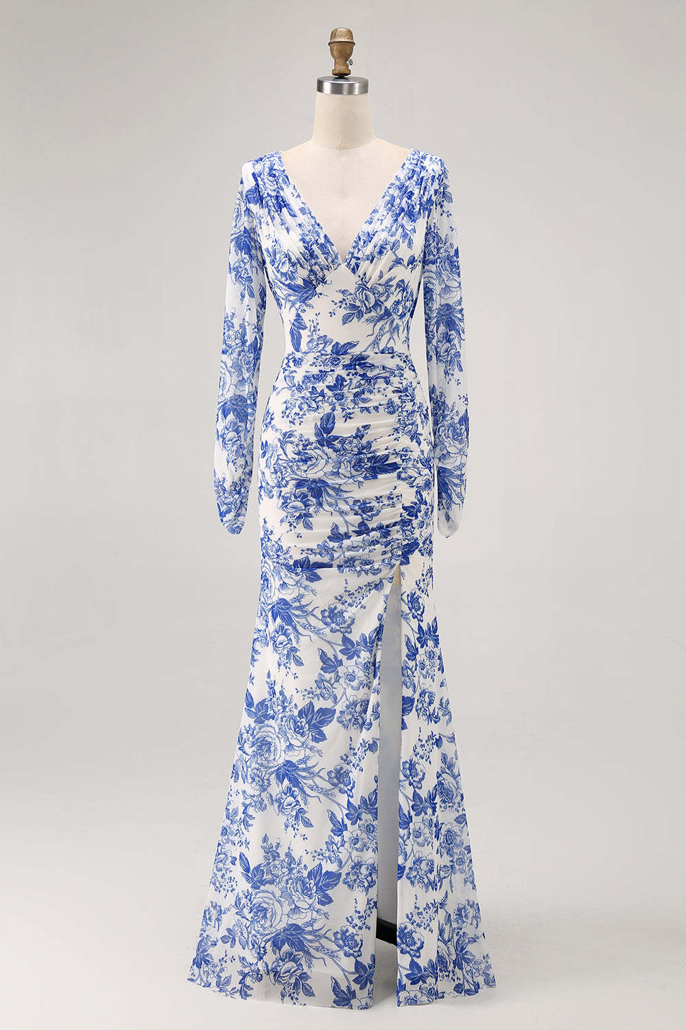 Blue Floral Mermaid V-Neck Long Wedding Guest Dress with Sleeves