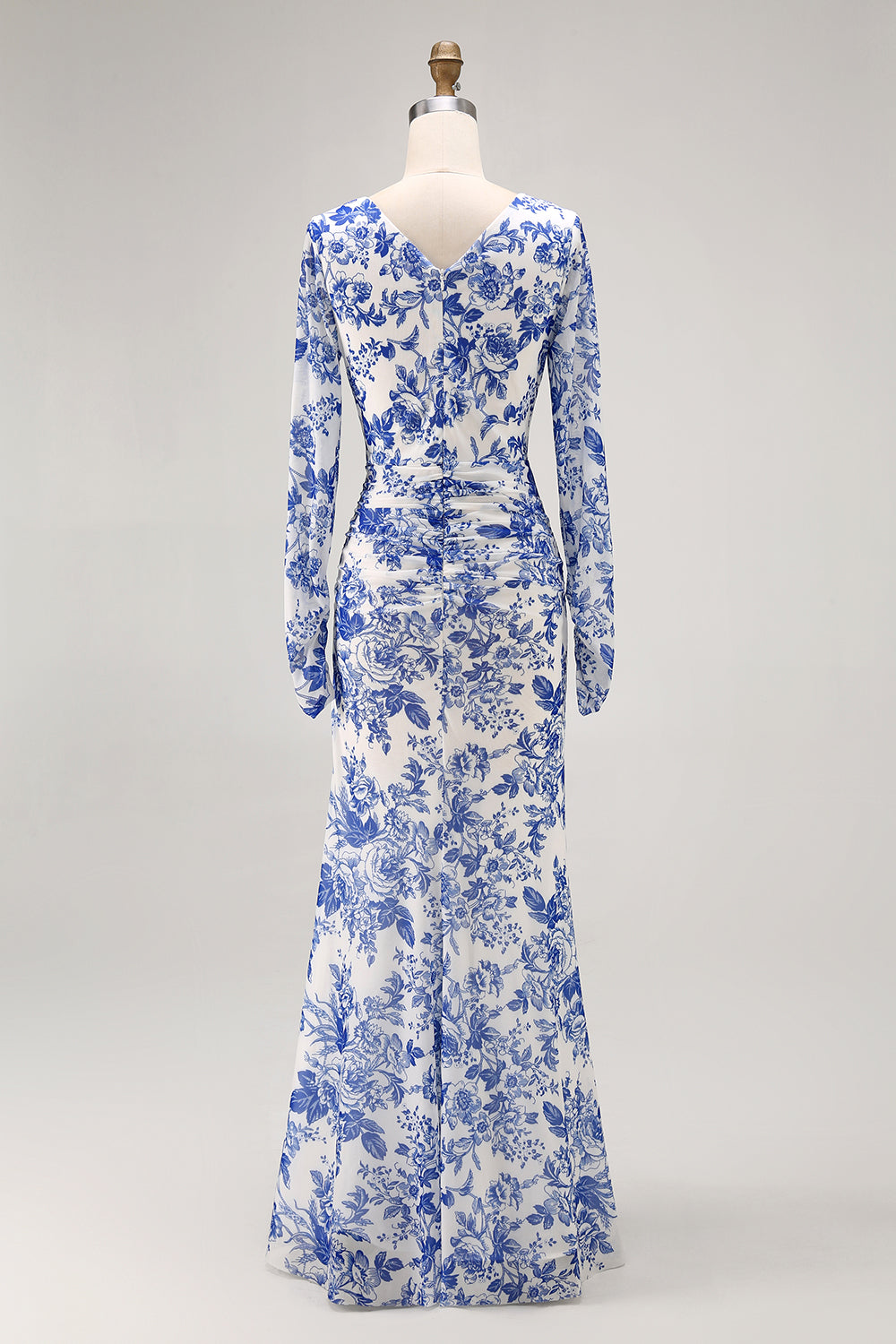 Blue Mermaid V-Neck Floral Long Wedding Guest Dress with Sleeves