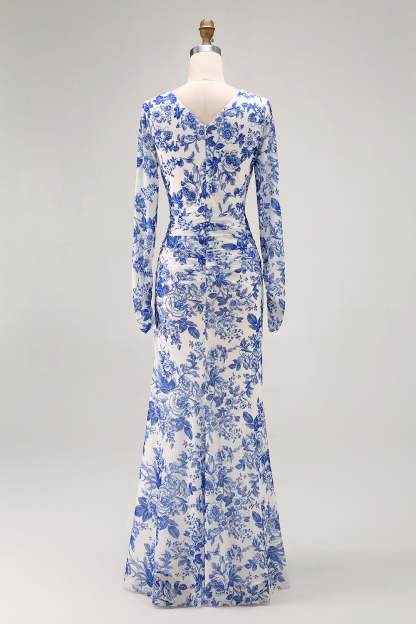 Blue Floral Mermaid V-Neck Long Wedding Guest Dress with Sleeves