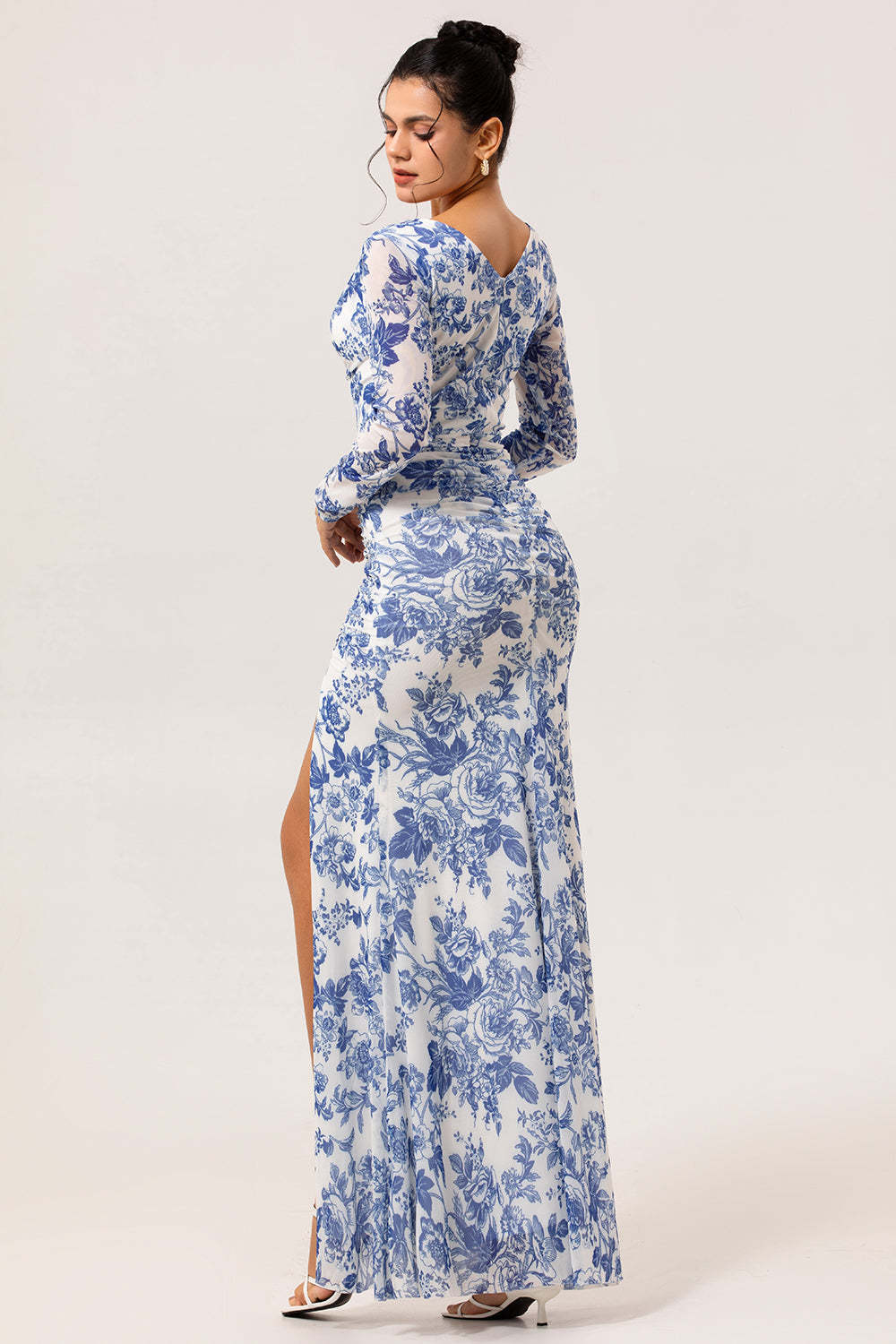 Blue Floral Mermaid V-Neck Long Wedding Guest Dress with Sleeves