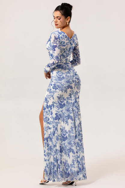 Blue Floral Mermaid V-Neck Long Wedding Guest Dress with Sleeves