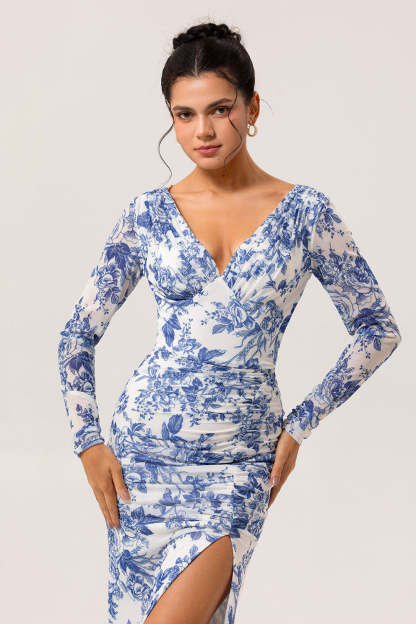 Blue Floral Mermaid V-Neck Long Wedding Guest Dress with Sleeves