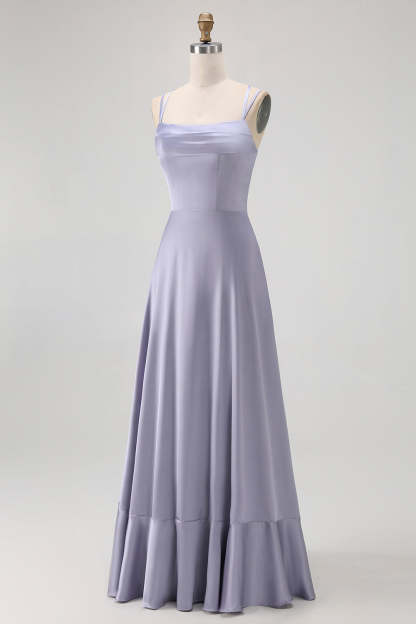 Dusty Blue Spaghetti Straps Maxi Satin Bridesmaid Dress