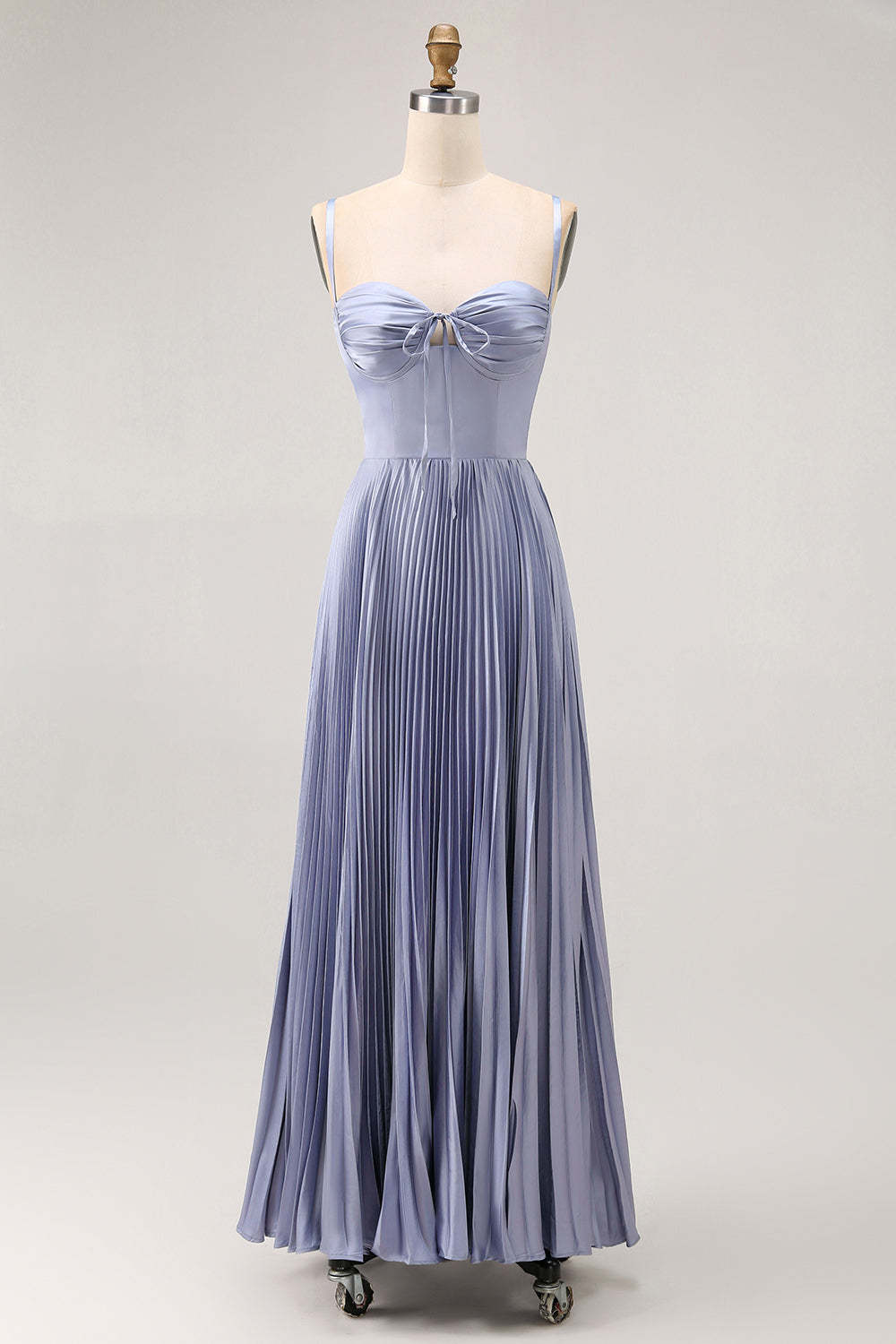 Leely Women Dusty Blue A-Line Satin Long Bridesmaid Dress with Bow Pleated Lace Up Back Spaghetti Straps Wedding Guest Dress