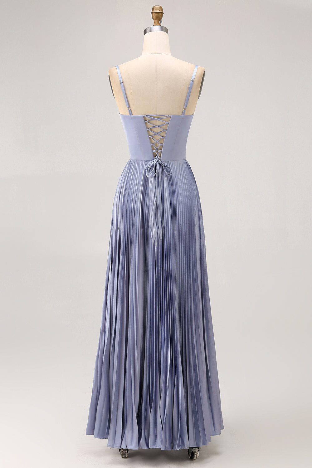 Dusty Blue Satin A-Line Pleated Long Bridesmaid Dress with Bow