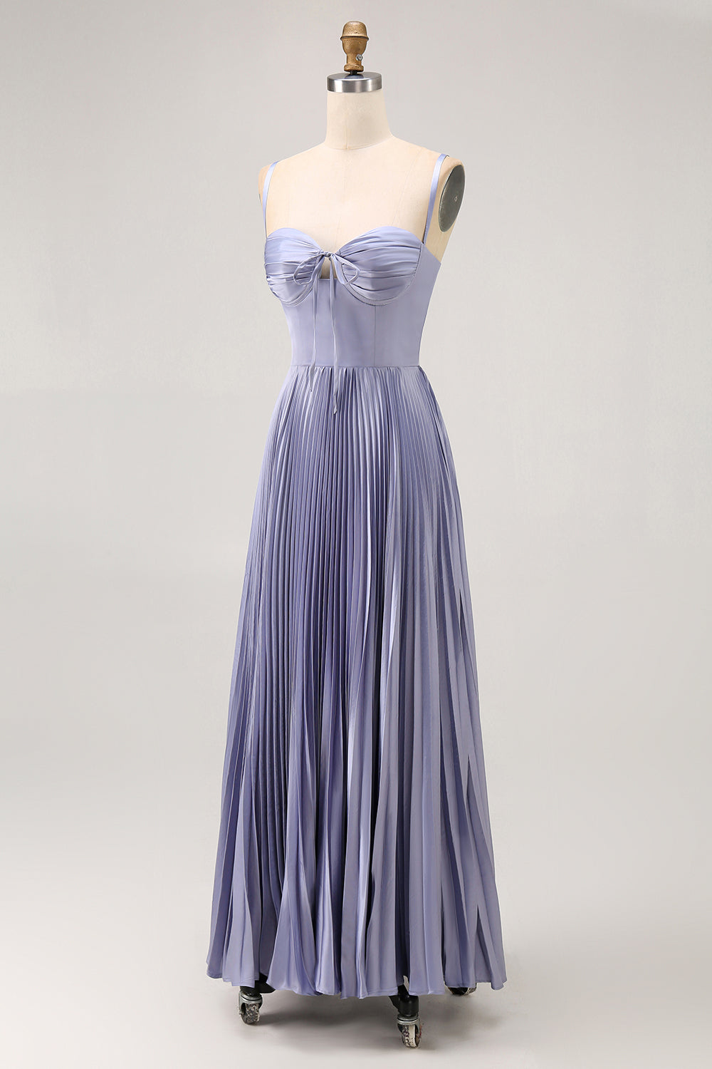 Dusty Blue Satin A-Line Pleated Long Bridesmaid Dress with Bow