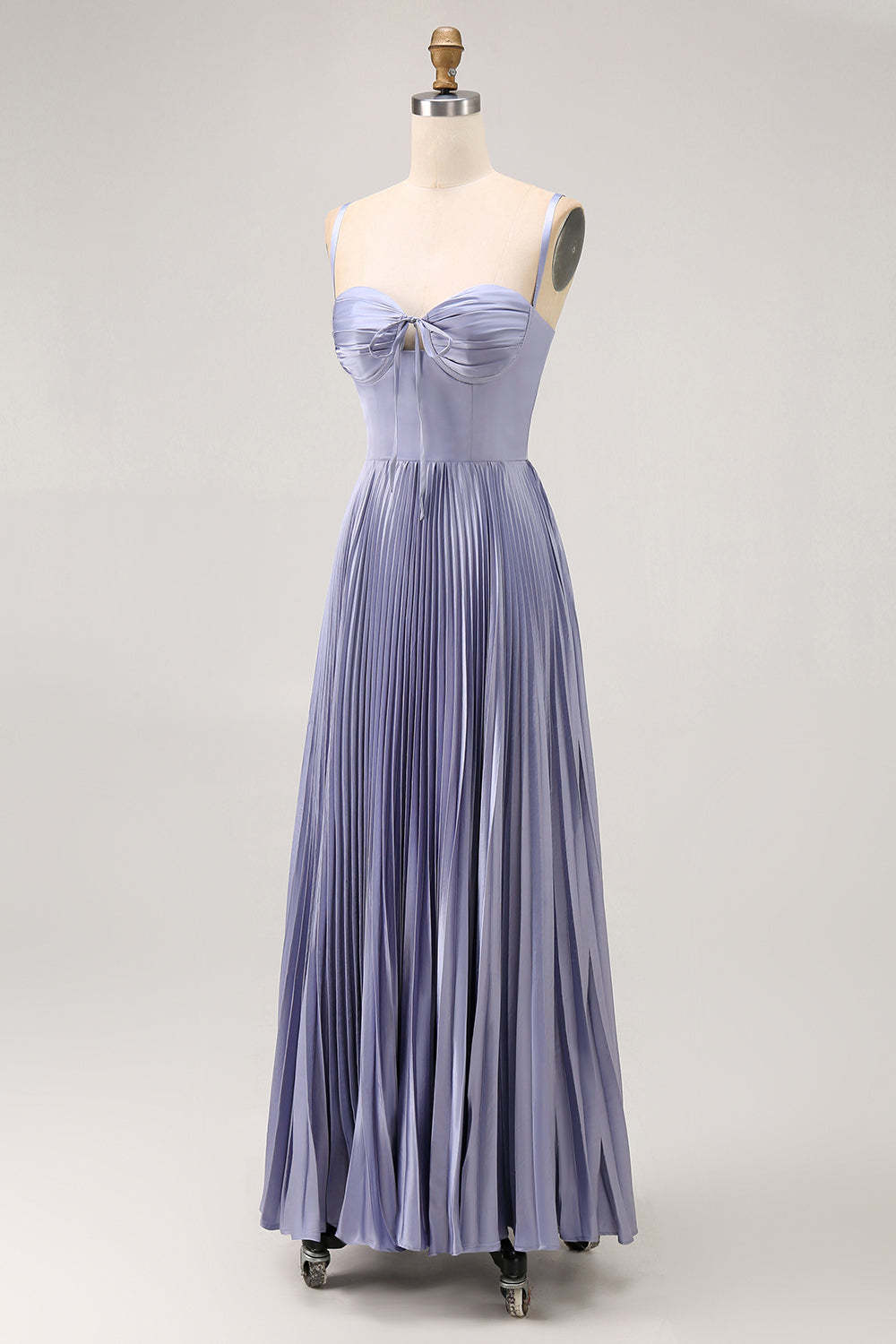 Dusty Blue Satin A-Line Pleated Long Bridesmaid Dress with Bow