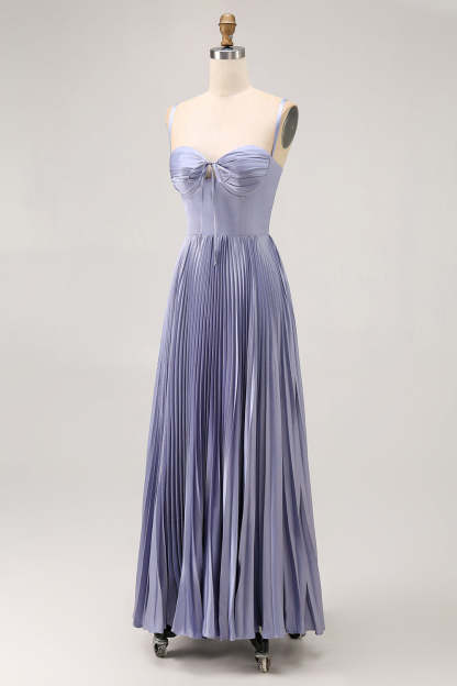 Dusty Blue Satin A-Line Pleated Long Bridesmaid Dress with Bow