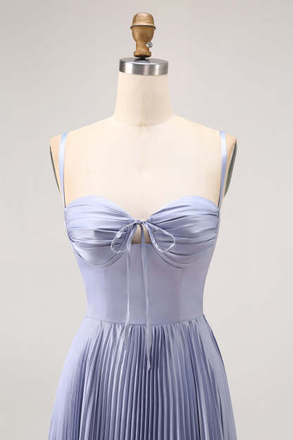 Dusty Blue Satin A-Line Pleated Long Bridesmaid Dress with Bow