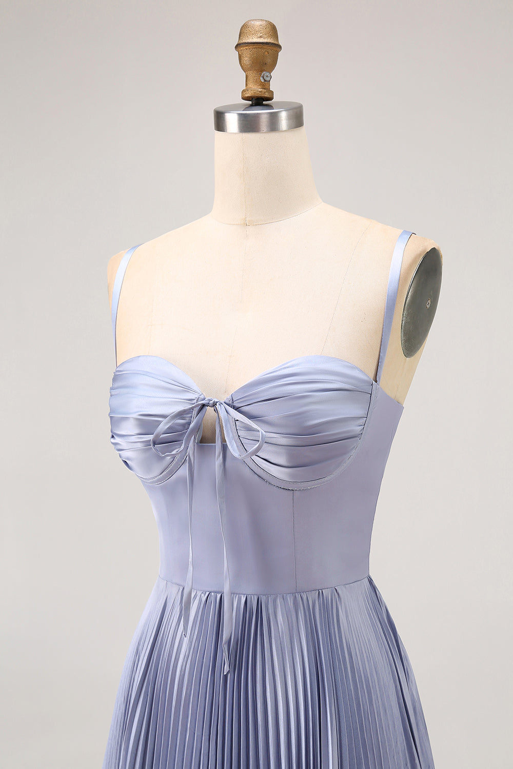 Dusty Blue Satin A-Line Pleated Long Bridesmaid Dress with Bow