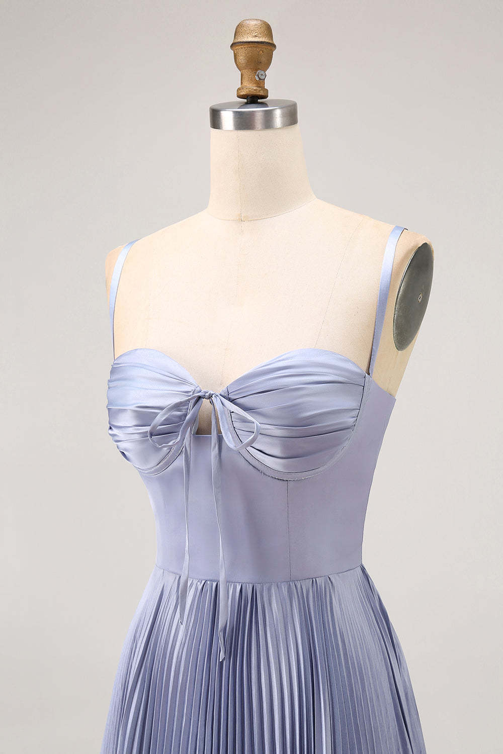Dusty Blue Satin A-Line Pleated Long Bridesmaid Dress with Bow