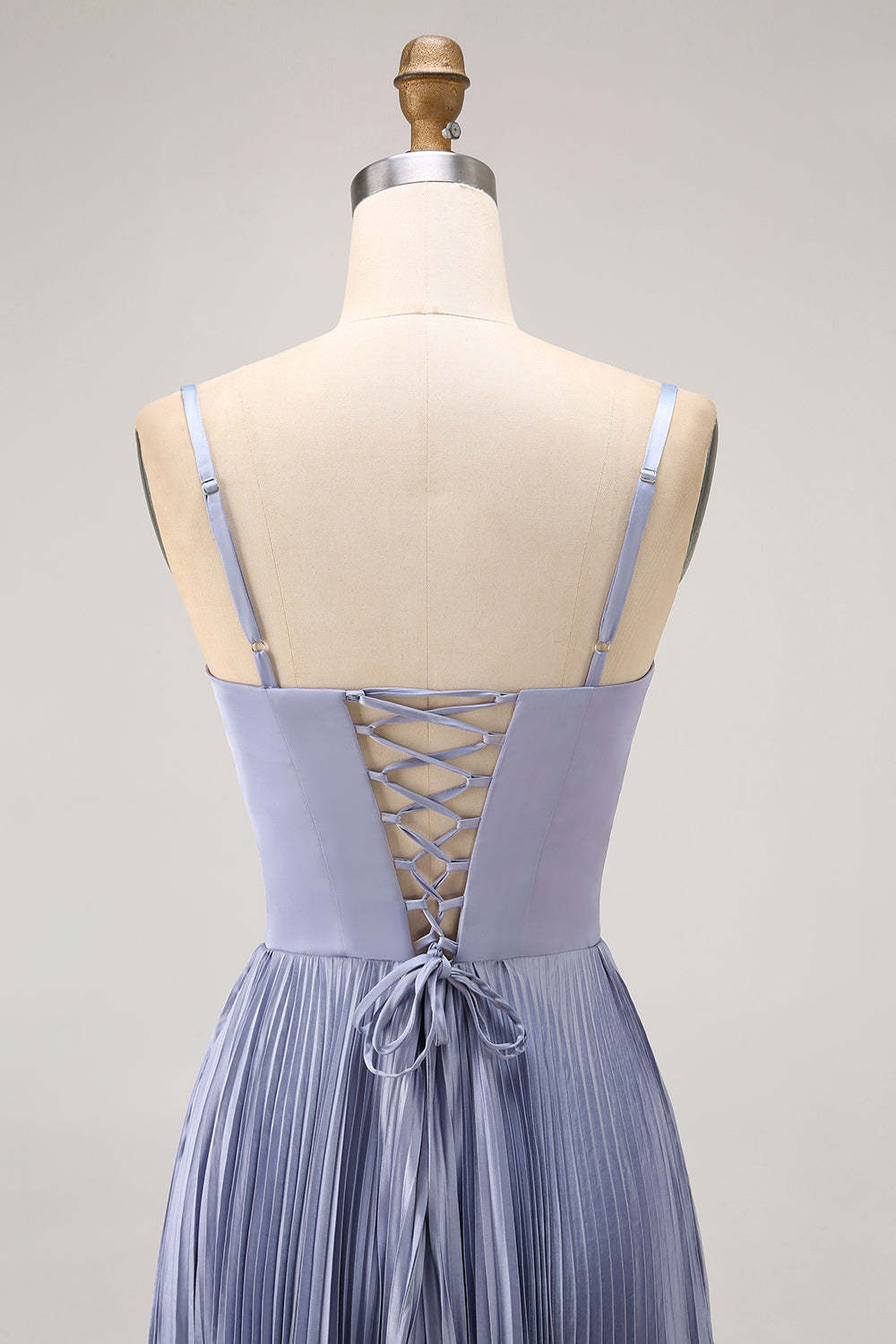 Dusty Blue Satin A-Line Pleated Long Bridesmaid Dress with Bow