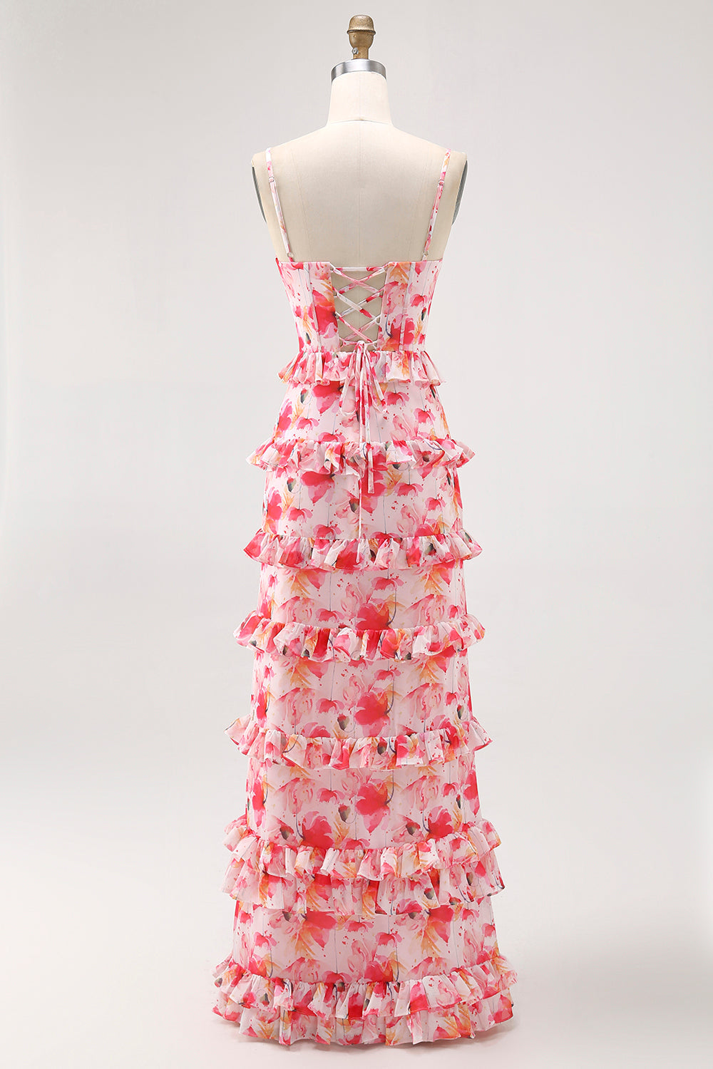 Pink Corset Floral Sheath Ruffled Maxi Bridesmaid Dress with Slit