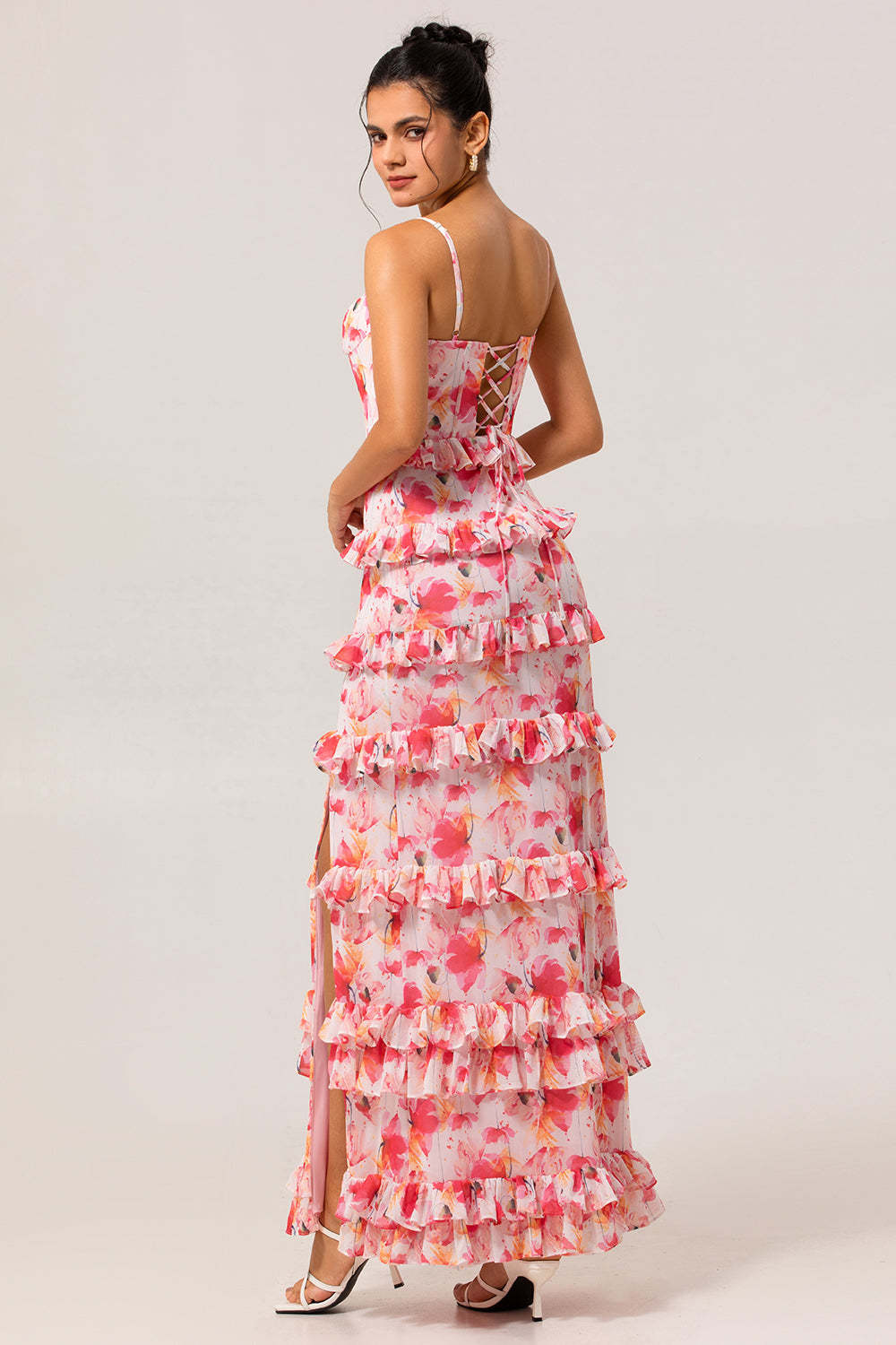 Pink Floral Tiered Ruffled Sheath Long Bridesmaid Dress with Slit