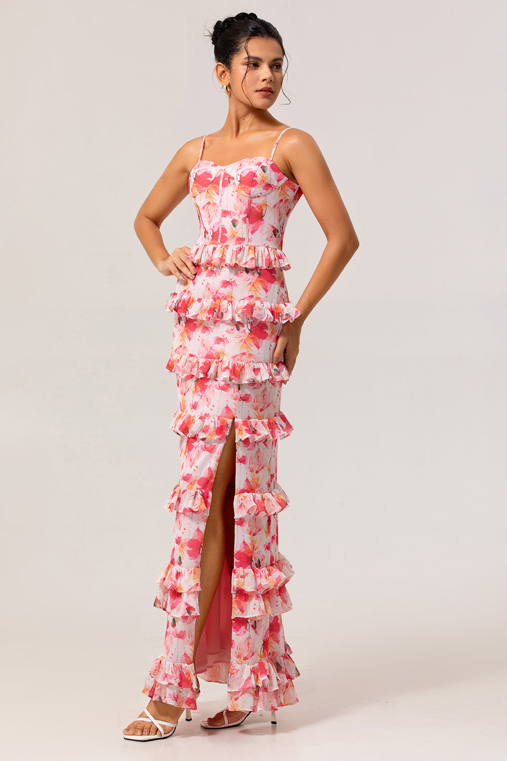 Pink Floral Tiered Ruffled Sheath Long Bridesmaid Dress with Slit