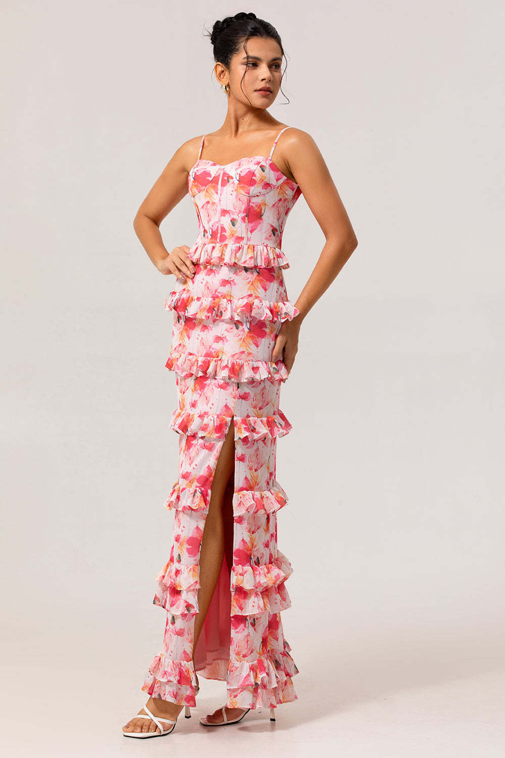 Pink Floral Tiered Ruffled Sheath Long Bridesmaid Dress with Slit