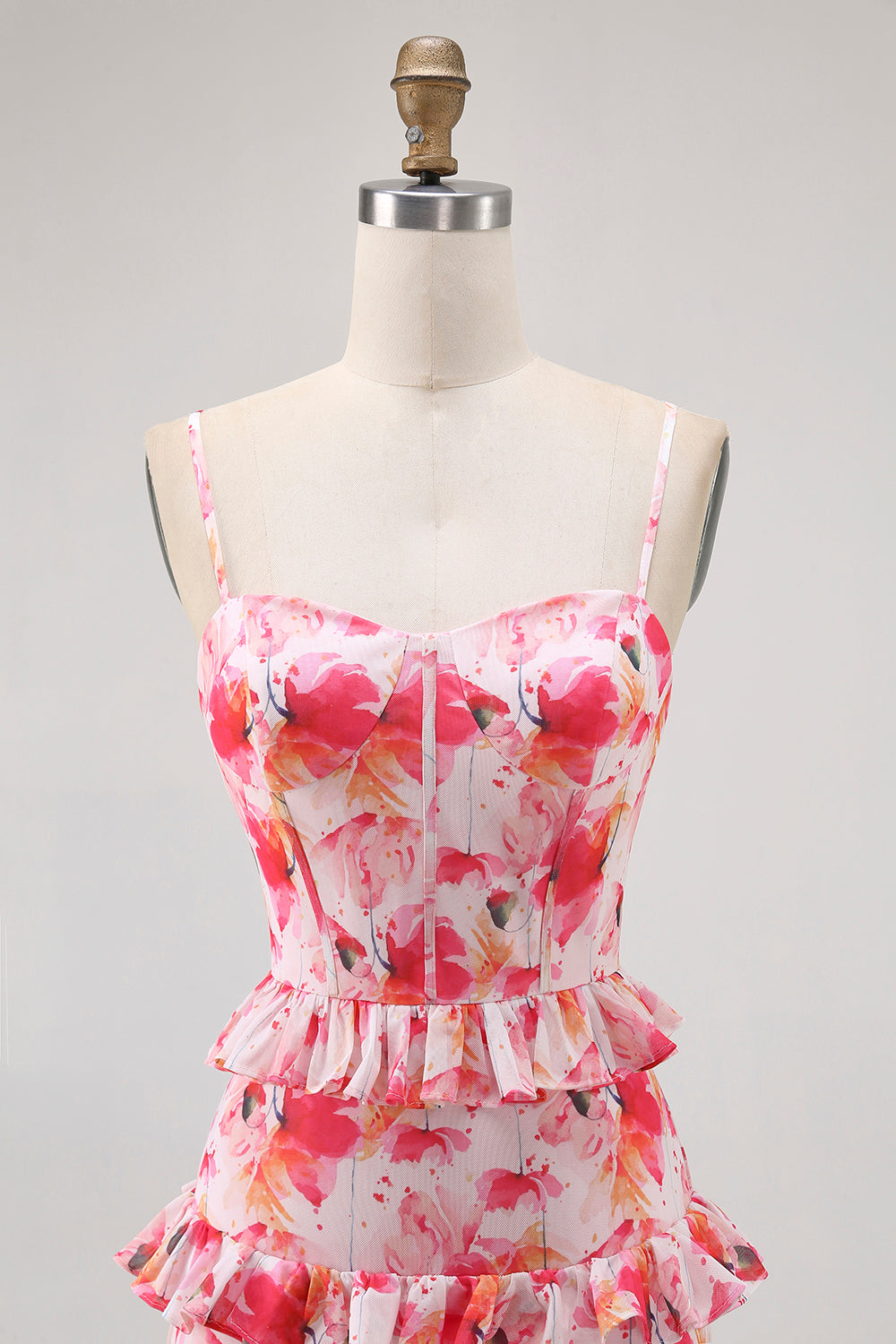 Pink Corset Floral Sheath Ruffled Maxi Bridesmaid Dress with Slit